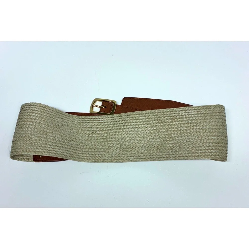 Antonio Melani Wide Waist Cincher Belt Womens M Brown Leather Woven Raffia Straw